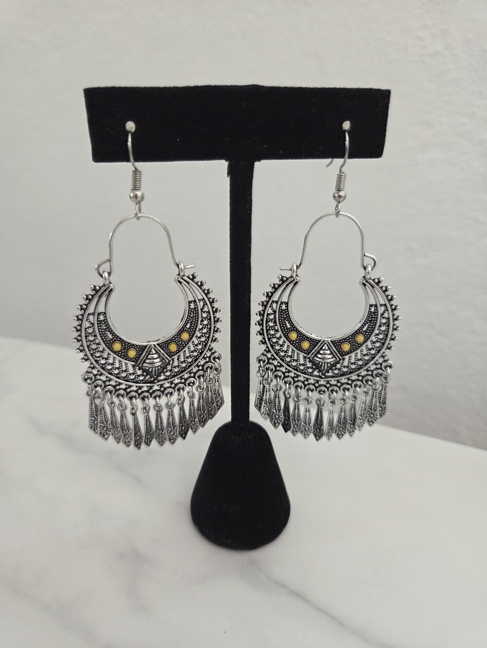 ​Paparazzi Silver Boho Crescent Fringe Statement Earrings Yellow Accents - Picture 8 of 11